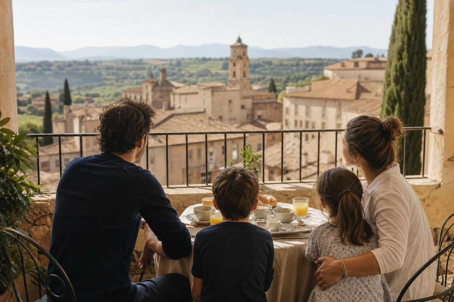 Família reunida em uma varanda com vista para uma cidade italiana